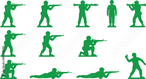 Green army soldier silhouette icons set showing military combat poses, weapons, tactical actions, infantry training symbols isolated
