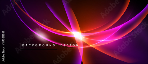 Abstract design features vibrant curves, radiating light. Colors blend from purple, orange, pink creating dynamic visual effect. Background is black.