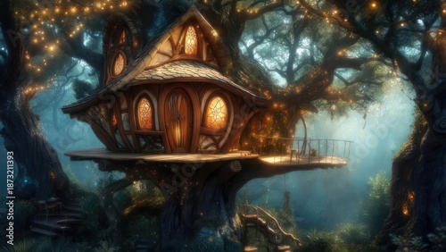 Magical treehouse in a mystical forest
