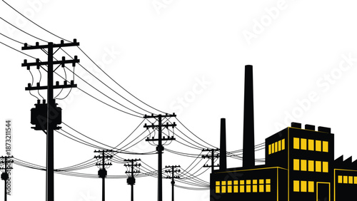 Industrial facility silhouette, power lines, smokestacks, electricity transmission, factory infrastructure, urban energy, night scene, utility poles, illuminated windows, energy distribution