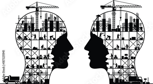 Human head silhouette construction concept illustration showing teamwork, thinking process, collaboration, and mental development with workers and cranes in black vector style