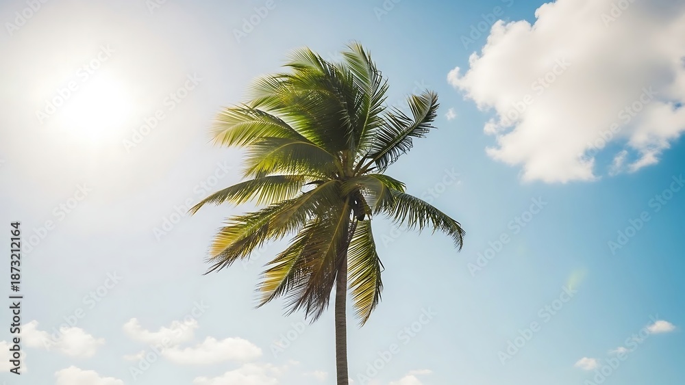 Obraz premium Palm tree under sunny blue sky.