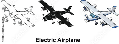Set of electric airplane icons including outline silhouette and full color designs for aviation concepts isolated on white