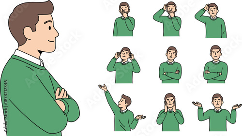 Male character gestures illustration set showing thinking confused surprised emotions body language poses isolated on white background vector design
