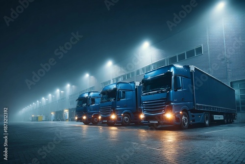 Trucks parked in a dimly lit loading area at night with fog and street lights illuminating the scene