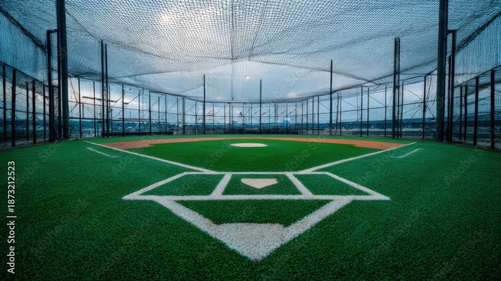Obraz premium Indoor Baseball Field with Artificial Turf and Protective Netting for Training and Practice