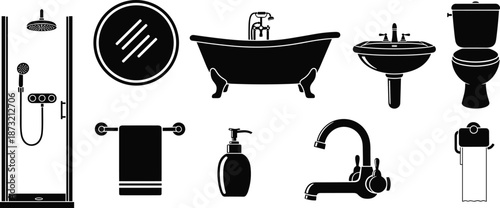 Minimalist black bathroom icon set featuring shower bathtub sink toilet faucet accessories isolated vector silhouettes for modern interior design projects
