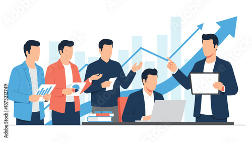 Business team analyzing growth charts and data in modern office setting