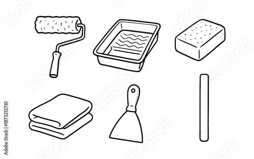 Collection of hand-drawn painting and cleaning tools on a white background