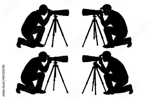 Silhouettes of male photographers with cameras on tripods.