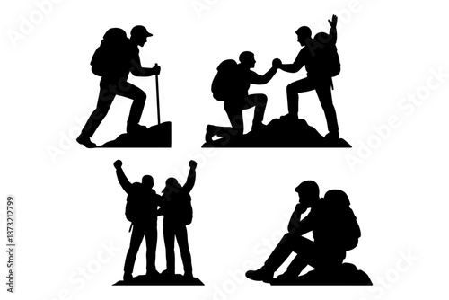 Silhouettes of hikers: adventure and teamwork in mountain exploration.