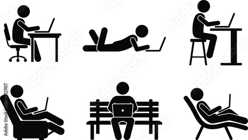 Modern lifestyle silhouette people using laptop various poses studying working relaxing reading young student work icons vector art set illustration