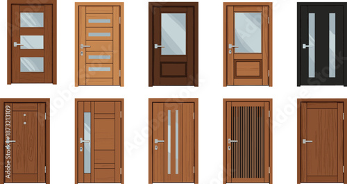 Modern door designs, wooden textures, glass panel doors, interior architecture, stylish entryways, decorative handles, home improvement, contemporary door styles