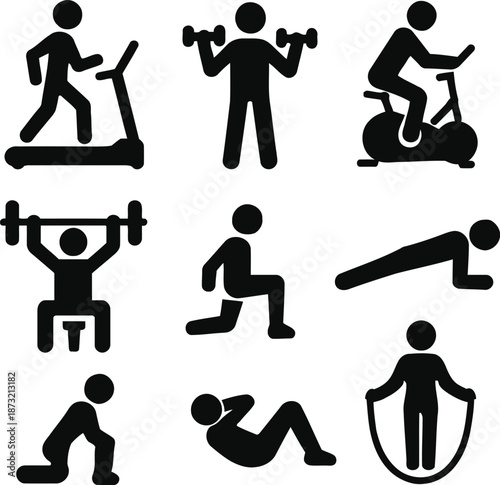 Set of diverse fitness and workout activities on a transparent background