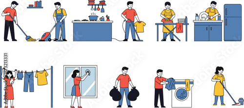 People Doing Household Chores Illustration Showing Cleaning Cooking Laundry Daily Home Activities Flat Vector Design Modern Family Lifestyle Scene Set