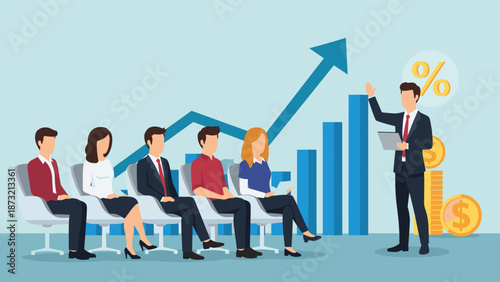 Businessman presenting growth charts to attentive audience in modern office