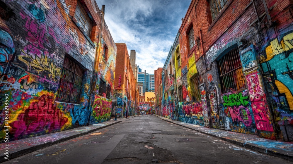 Fototapeta premium Vibrant Urban Art: Colorful Graffiti Alleyway with Dramatic Sky, Featuring Architectural Contrasts and Urban Texture