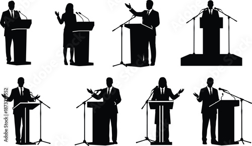 Political speaker silhouette icon set featuring men and women at podiums microphones public speech vector debate conference illustration design