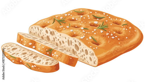 Golden focaccia bread, adorned with fragrant rosemary and coarse sea salt, expertly sliced to reveal its wonderfully soft and inviting airy crumb,