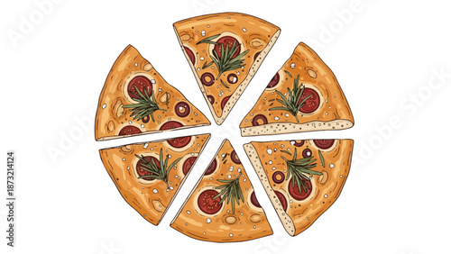 Hand-illustrated gourmet flatbread slices featuring ripe tomatoes and aromatic rosemary a vibrant culinary design