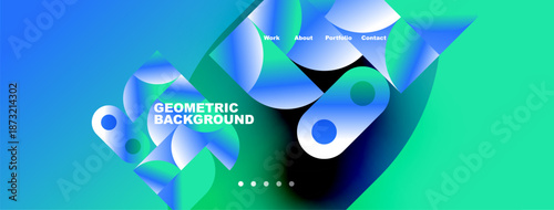 Abstract geometric shapes dominate vibrant blue, turquoise gradients. Text displays Geometric Background, plus navigation options Work, About, Portfolio, Contact.