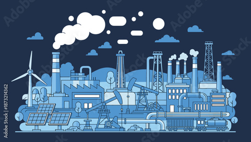 Modern industrial landscape with wind turbine and solar panels