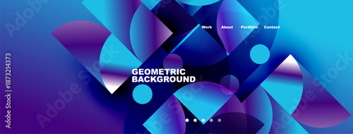 Abstract geometric background features vibrant blue, purple hues. Circles overlap creating dynamic visual effect. Navigation menu present.