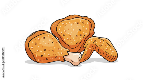 Crispy fried chicken illustration featuring a succulent drumstick, juicy breast, and flavorful wing. Perfect for culinary menus and engaging