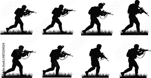 Soldier silhouettes with rifles in tactical movement isolated on white military combat illustration action defense concept
