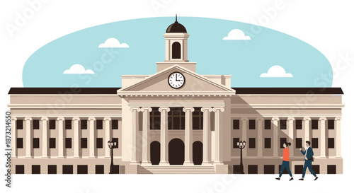 Grand neoclassical building with columns and a clock tower, possibly a university or government building, with people walking by.