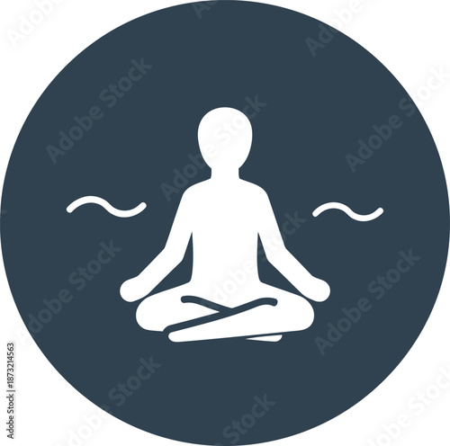 A white silhouette of a person meditating in a lotus position with wavy lines on a dark blue circular background, symbolizing peace and mindfulness.