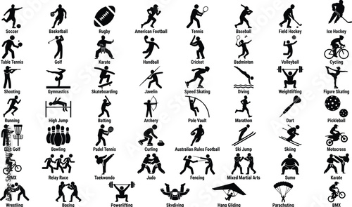 Sport activity silhouette icon set athletes various games competition fitness recreation soccer tennis cycling martial arts vector illustration