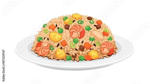 Vibrant vector depiction of savory shrimp fried rice, generously mixed with tender prawns, green peas, diced carrots, and fluffy egg, served on a