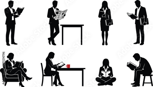Vector black silhouette young adults reading books study education library students learning business table college university lifestyle graphic design set