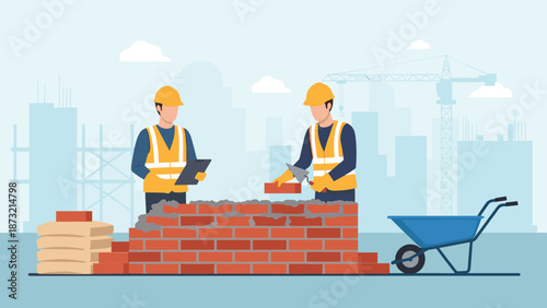 Two construction workers building brick wall on city site