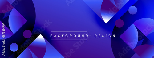 Abstract blue gradients form dynamic shapes. Circles, triangles overlap creating modern visual effect. Text reads background design.