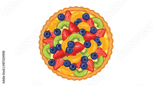 Vibrant assorted fruit tart illustration with colorful berries and citrus slices, a delightful dessert artwork.