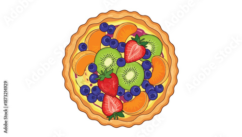 Vivid artistic depiction of a delightful fruit dessert tart showcasing fresh mixed berries and tropical kiwi slices