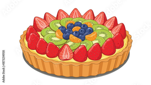 Deliciously vibrant fruit tart illustration with a golden crust, creamy filling, and a colorful topping of fresh strawberries, kiwi, blueberries,