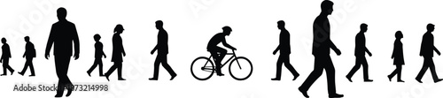 Walking People Silhouettes with Cyclist, Crowd Movement Concept, Urban Commuting, Daily Life, Isolated Black Figures on White Background