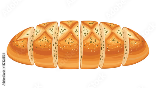 Freshly baked artisanal bread loaf sliced for serving an inviting golden brown illustration