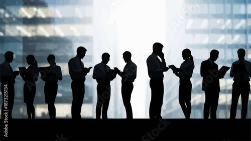 Business people silhouettes interacting with technology devices.