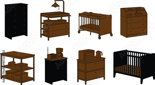 Nursery furniture set, baby room essentials, crib designs, changing table, dresser collection, storage units, interior layout, childcare furniture, cozy setup