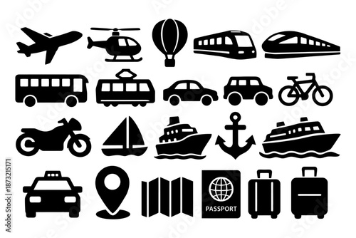 Transportation icons: planes, trains, automobiles, and more.