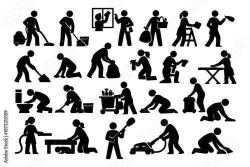 Various stick figures performing household cleaning and maintenance tasks.