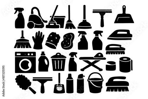 Collection of household cleaning tools and equipment silhouettes.