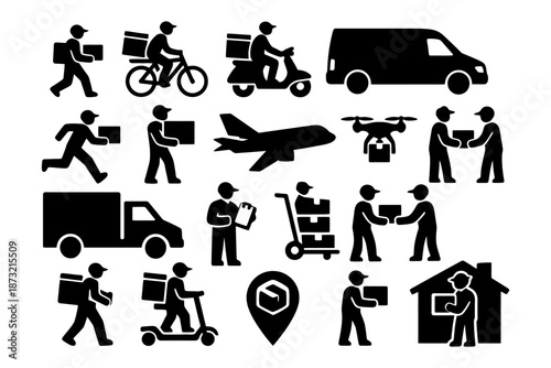 Delivery icons set featuring transportation and package handling methods.