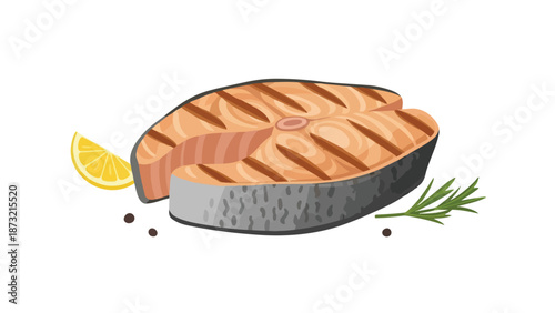 Perfectly grilled salmon steak illustration, featuring a vibrant lemon slice and fresh rosemary sprig, with scattered peppercorns for culinary depth