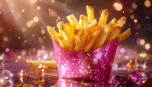 Golden French Fries in Pink Glitter Box with Sparkling Background