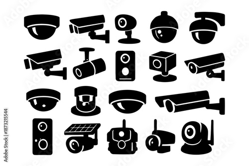 Variety of security camera icons in black silhouette style.